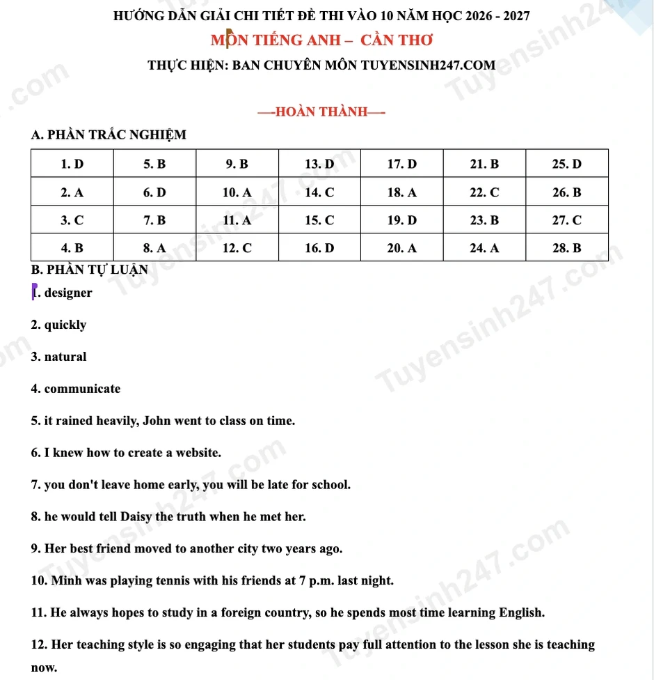Đáp án đề thi môn tiếng Anh vào lớp 10 Cần Thơ năm 2026 Đáp án đề thi môn tiếng Anh vào lớp 10 Cần Thơ năm 2026
