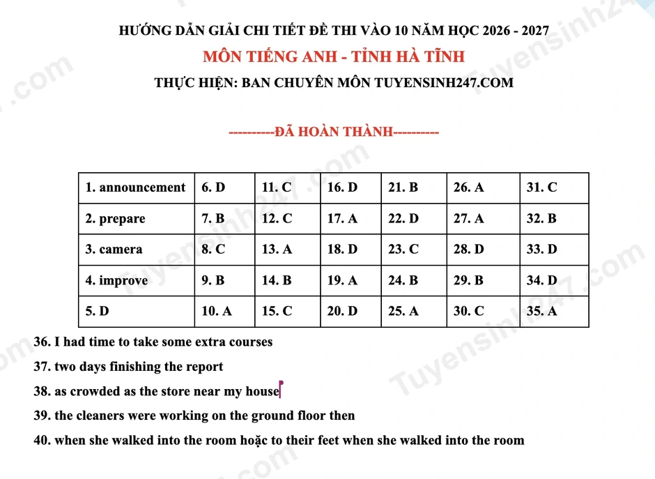 Đáp án, đề thi môn tiếng Anh vào lớp 10 của tỉnh Hà Tĩnh năm 2026 Đáp án, đề thi môn tiếng Anh vào lớp 10 của tỉnh Hà Tĩnh năm 2026