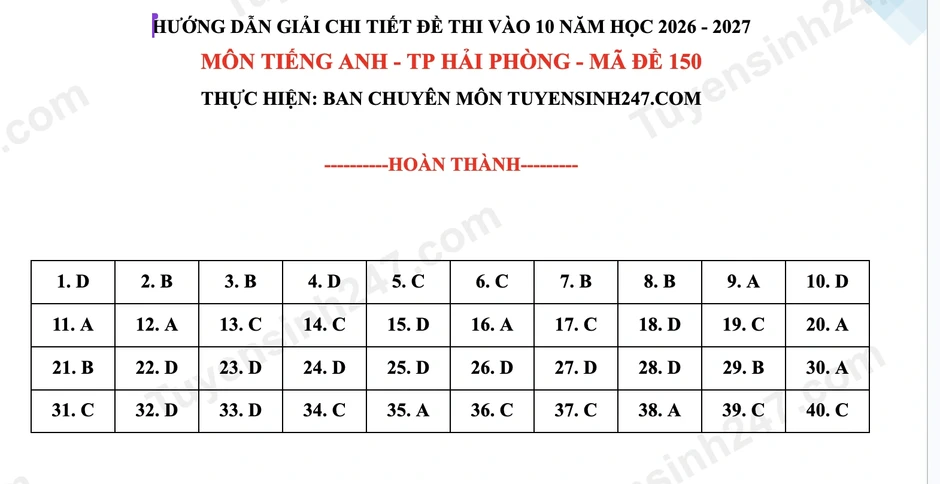 Đề thi, đáp án môn tiếng Anh vào lớp 10 Hải Phòng năm 2026 Đề thi, đáp án môn tiếng Anh vào lớp 10 Hải Phòng năm 2026