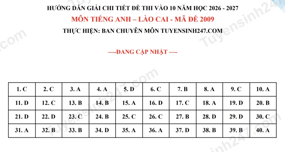 Đề thi và đáp án môn Tiếng Anh tuyển sinh vào lớp 10 của Lào Cai năm 2026 Đề thi và đáp án môn Tiếng Anh tuyển sinh vào lớp 10 của Lào Cai năm 2026