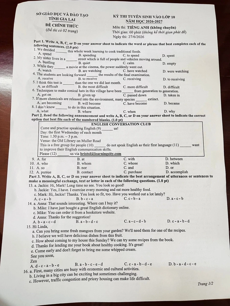 Đề thi và đáp án môn Tiếng Anh tuyển sinh vào lớp 10 tỉnh Gia Lai năm 2026 Đề thi và đáp án môn Tiếng Anh tuyển sinh vào lớp 10 tỉnh Gia Lai năm 2026