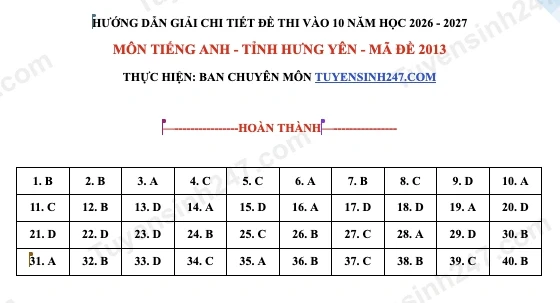 Đề và đáp án môn tiếng Anh thi lớp 10 tỉnh Hưng Yên năm 2026