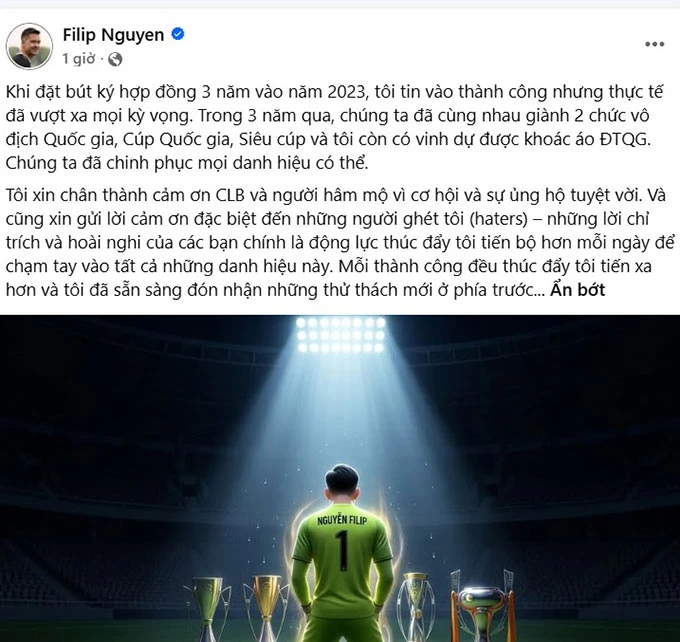 Nguyễn Filip sắp hết hợp đồng với CAHN, úp mở về tương lai Nguyễn Filip sắp hết hợp đồng với CAHN, úp mở về tương lai