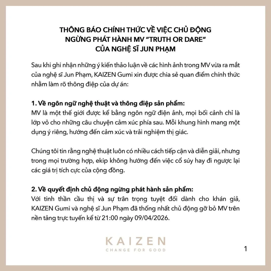 Ngừng phát hành MV ‘Truth or Dare’ của Jun Phạm, chờ kết luận thẩm định của Sở VH&TT TP.HCM Ngừng phát hành MV ‘Truth or Dare’ của Jun Phạm, chờ kết luận thẩm định của Sở VH&TT TP.HCM