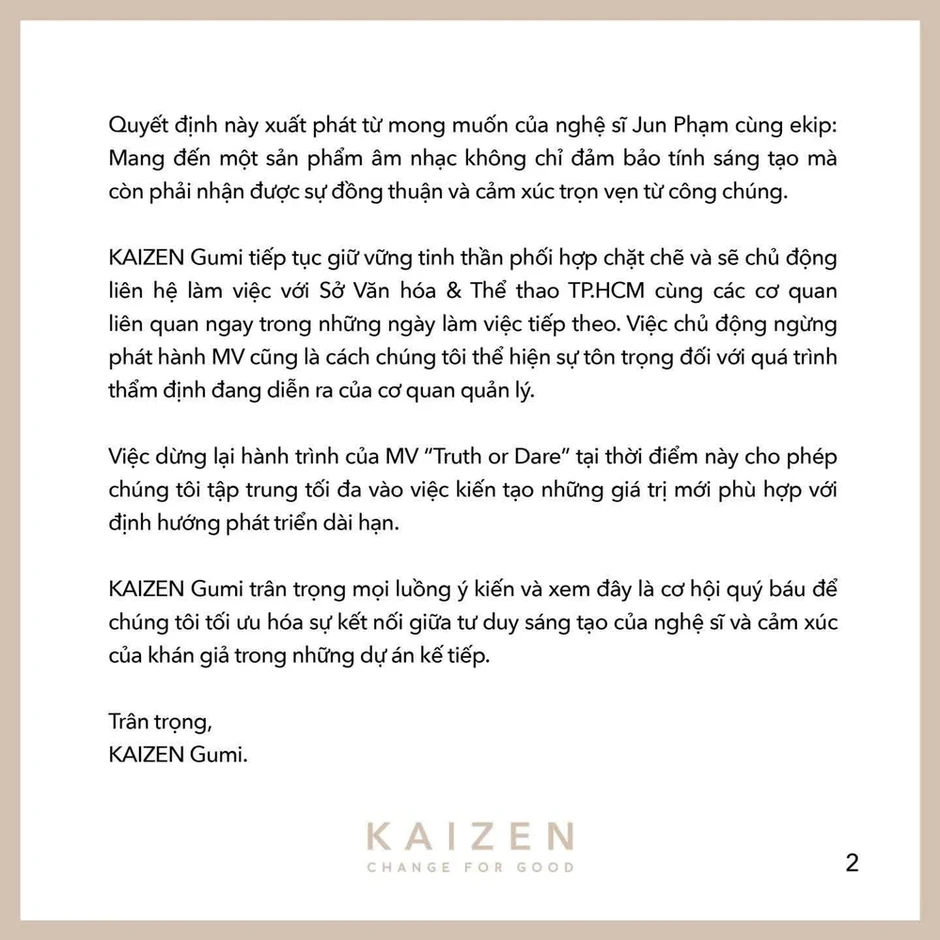 Ngừng phát hành MV ‘Truth or Dare’ của Jun Phạm, chờ kết luận thẩm định của Sở VH&TT TP.HCM Ngừng phát hành MV ‘Truth or Dare’ của Jun Phạm, chờ kết luận thẩm định của Sở VH&TT TP.HCM