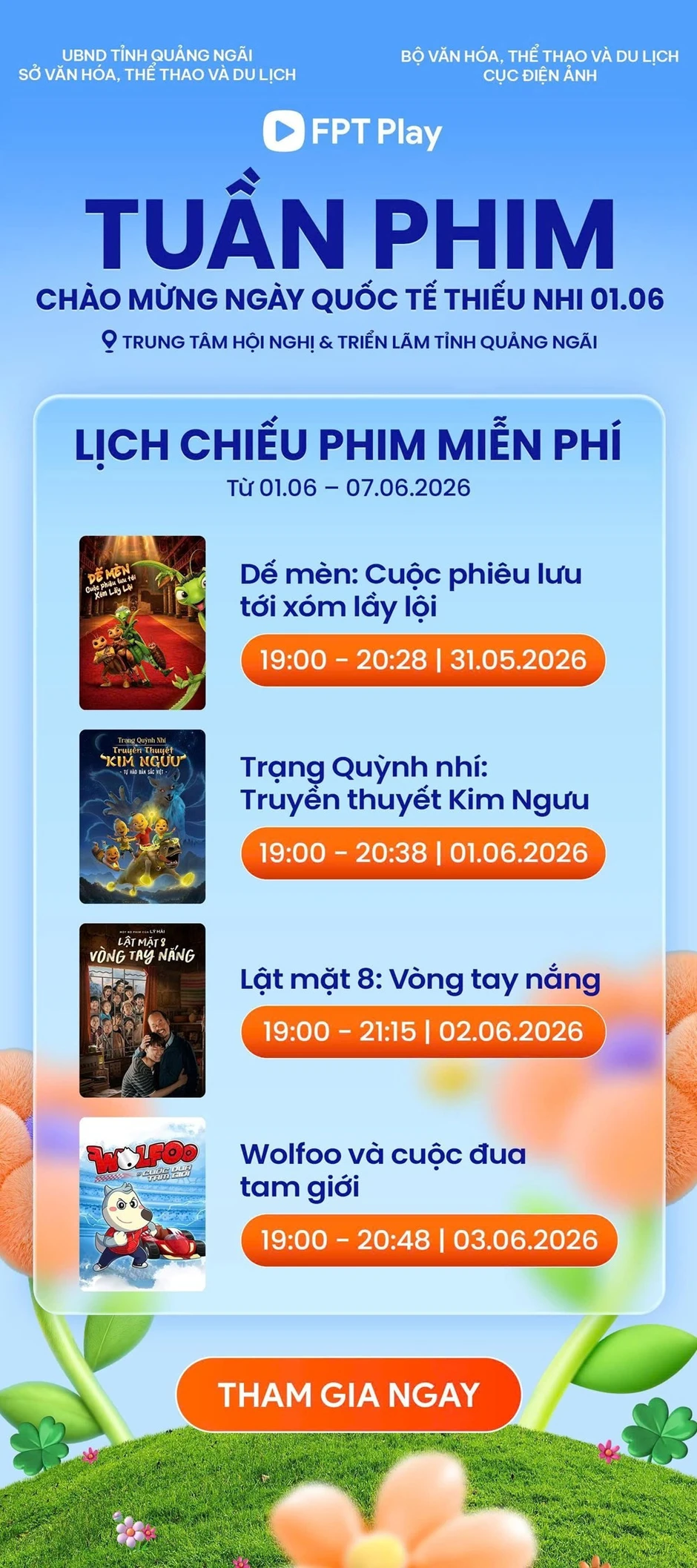 Tuần phim chào mừng ngày Quốc tế Thiếu nhi 1/6/2026 sẽ khai mạc tại Quảng Ngãi Tuần phim chào mừng ngày Quốc tế Thiếu nhi 1/6/2026 sẽ khai mạc tại Quảng Ngãi