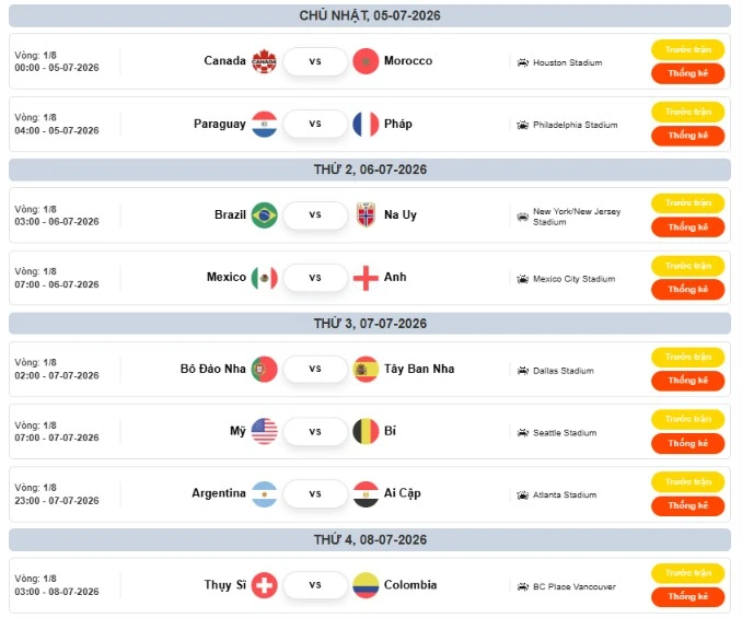 Lịch thi đấu đầy đủ 8 trận ở vòng 16 đội World Cup 2026 Lịch thi đấu đầy đủ 8 trận ở vòng 16 đội World Cup 2026