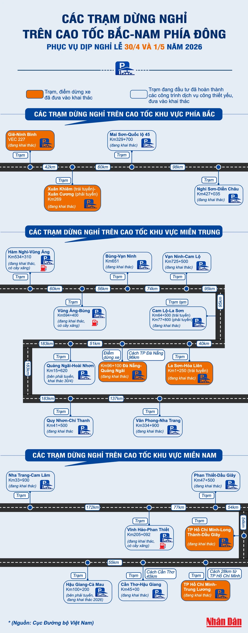 [Infographic] Các trạm dừng nghỉ trên cao tốc bắc-nam phía đông phục vụ dịp nghỉ lễ 30/4 và 1/5