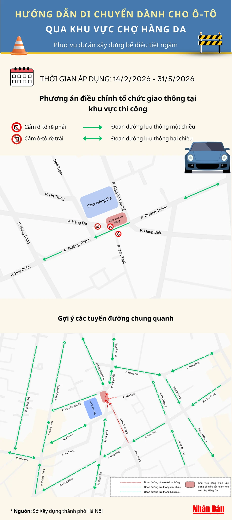 [Infographic] Phân luồng di chuyển ô-tô qua khu vực chợ Hàng Da đang thi công bể điều tiết ngầm