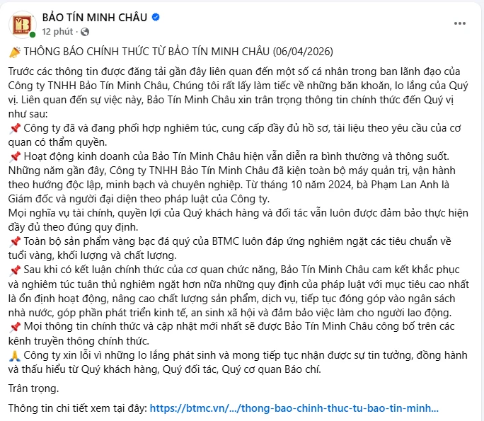 Bảo Tín Minh Châu chính thức lên tiếng sau thông tin khởi tố cha con ông Vũ Minh Châu