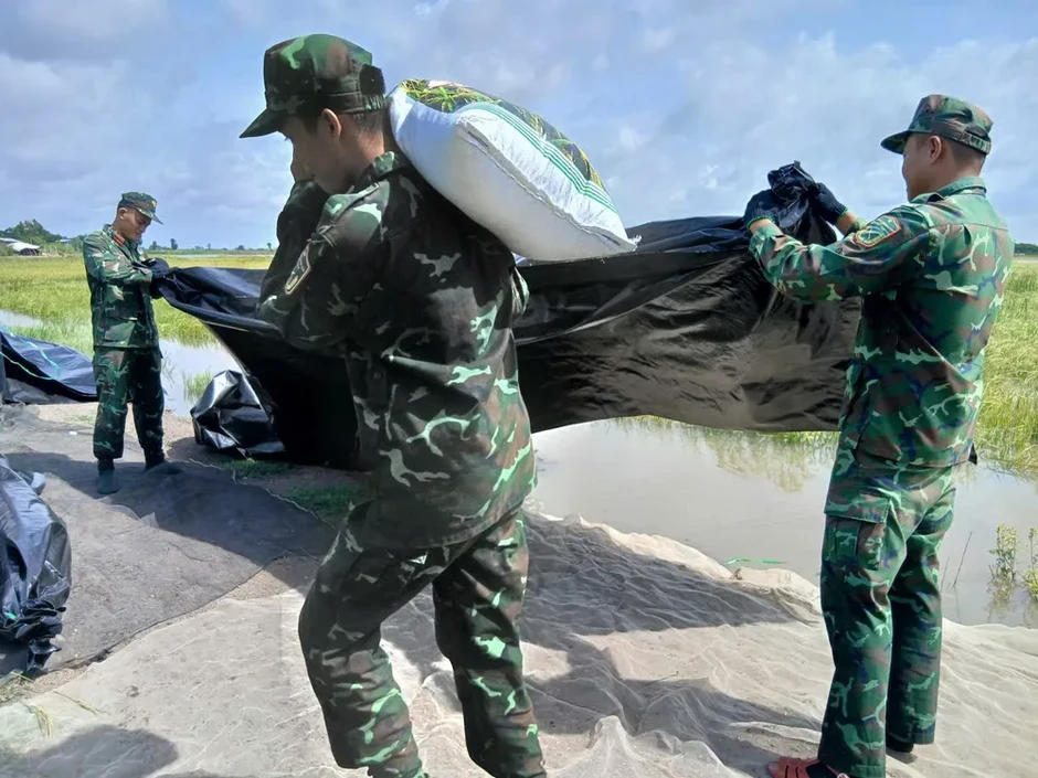 Bộ đội chèo xuồng, giúp nông dân gặt lúa chạy lũ Bộ đội chèo xuồng, giúp nông dân gặt lúa chạy lũ