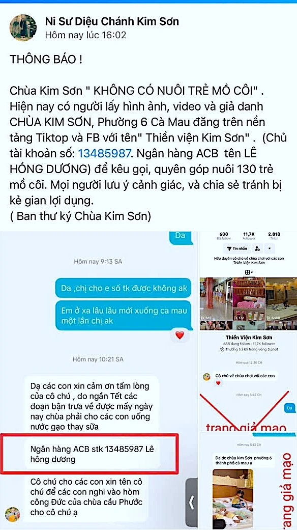 Cà Mau xác minh mạo danh Chùa Kim Sơn kêu gọi từ thiện Cà Mau xác minh mạo danh Chùa Kim Sơn kêu gọi từ thiện