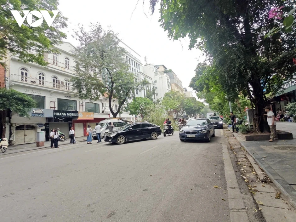 Cành cây lớn gẫy đè trúng ô tô trên phố Bà Triệu (Hà Nội) vào giờ cao điểm