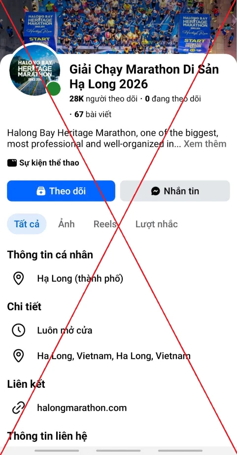 Cảnh giác fanpage giả mạo giải chạy Marathon Quốc tế di sản Hạ Long để lừa đảo Cảnh giác fanpage giả mạo giải chạy Marathon Quốc tế di sản Hạ Long để lừa đảo