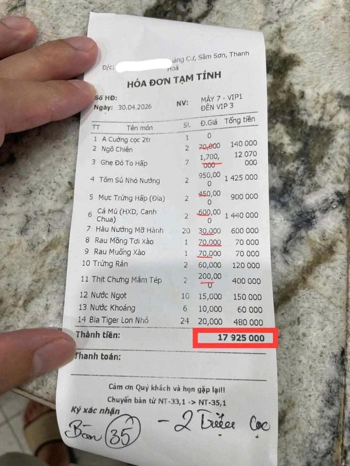 Công an thông tin về vụ việc hóa đơn bữa ăn gần 18 triệu đồng ở Sầm Sơn Công an thông tin về vụ việc hóa đơn bữa ăn gần 18 triệu đồng ở Sầm Sơn