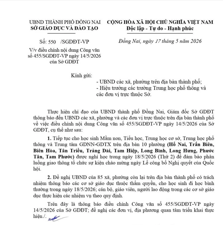 Đồng Nai làm lễ lên thành phố, học sinh ở 10 phường được nghỉ học Đồng Nai làm lễ lên thành phố, học sinh ở 10 phường được nghỉ học