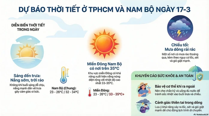 Dự báo thời tiết hôm nay, 17-3: TPHCM và Nam Bộ có nắng nóng, mưa cuối ngày Dự báo thời tiết hôm nay, 17-3: TPHCM và Nam Bộ có nắng nóng, mưa cuối ngày