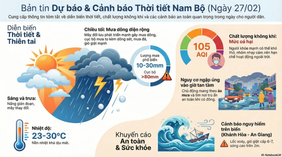 Dự báo thời tiết hôm nay, 27-2: TPHCM và Nam Bộ tiếp tục có mưa trái mùa Dự báo thời tiết hôm nay, 27-2: TPHCM và Nam Bộ tiếp tục có mưa trái mùa
