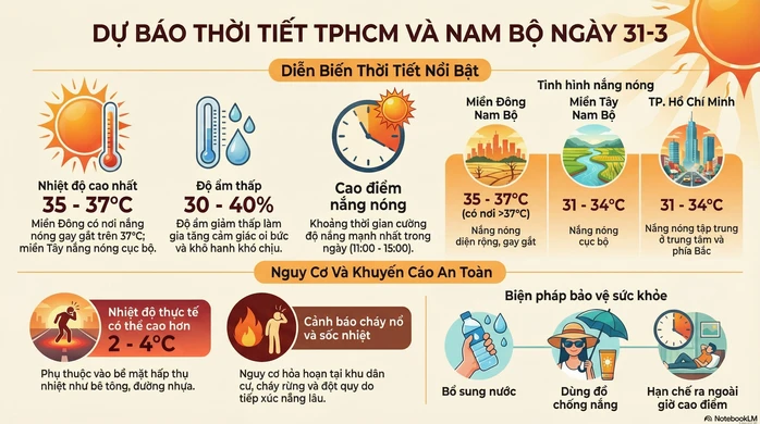 Dự báo thời tiết hôm nay, 31-3: TPHCM và Nam Bộ nắng nóng diện rộng từ 11-15 giờ Dự báo thời tiết hôm nay, 31-3: TPHCM và Nam Bộ nắng nóng diện rộng từ 11-15 giờ