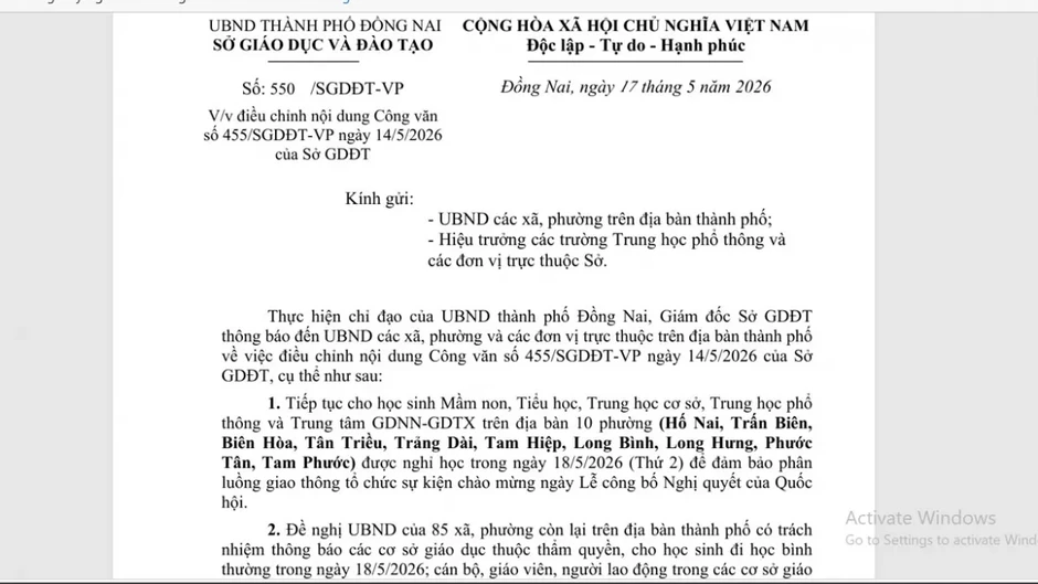 Học sinh 10 phường tại Đồng Nai được nghỉ học ngày 18/5 Học sinh 10 phường tại Đồng Nai được nghỉ học ngày 18/5