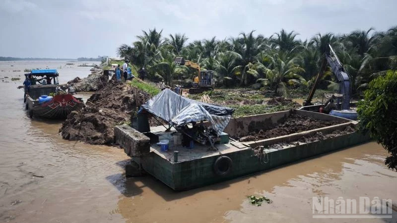 Khẩn trương khắc phục sạt lở đê bao tại Vĩnh Long Khẩn trương khắc phục sạt lở đê bao tại Vĩnh Long