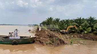 Khẩn trương khắc phục sạt lở đê bao tại Vĩnh Long