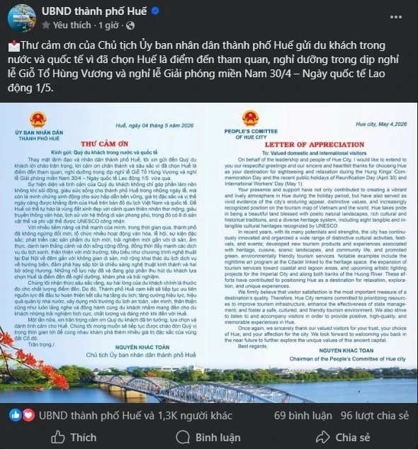 Lá thư viết bằng 3 thứ tiếng của Chủ tịch UBND TP Huế đang gây sốt Lá thư viết bằng 3 thứ tiếng của Chủ tịch UBND TP Huế đang gây sốt
