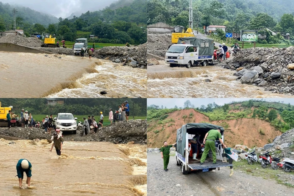 Mưa lớn kéo dài, công an dùng xe chuyên dụng chở học sinh vượt suối đến trường