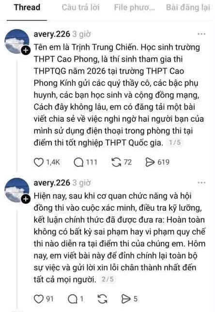 Nam sinh phản ánh gian lận thi cử ở Phú Thọ xin lỗi vì thông tin thiếu căn cứ