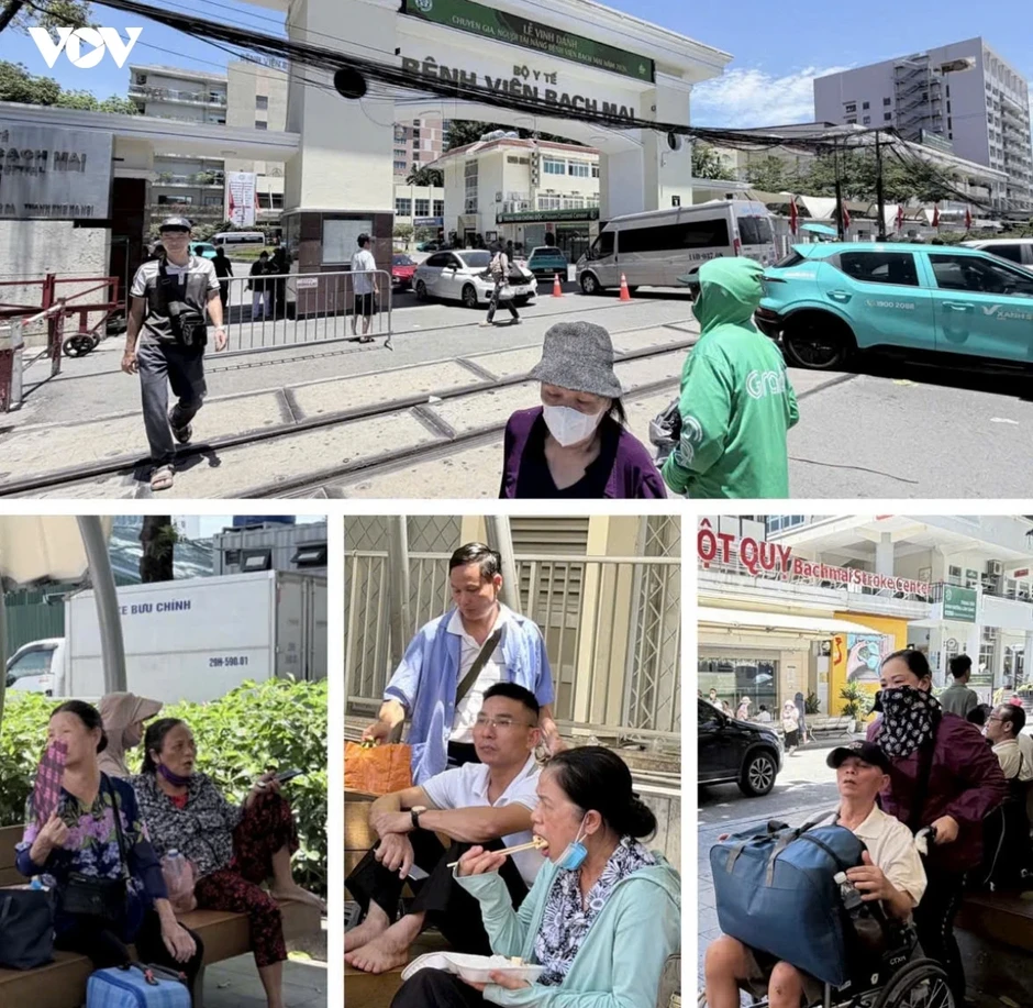 Người chăm bệnh nhân chật vật chống chọi với thời tiết nóng như đổ lửa ở Hà Nội