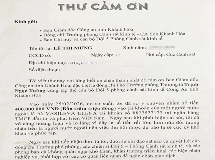 Người phụ nữ nhận lại 400 triệu đồng sau khi chuyển nhầm cho du khách Nga ở Nha Trang Người phụ nữ nhận lại 400 triệu đồng sau khi chuyển nhầm cho du khách Nga ở Nha Trang