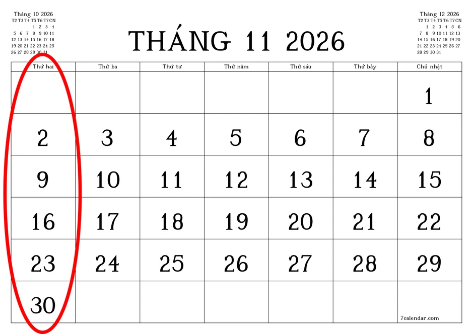 Tháng 3/2026 tưởng đã dài lắm rồi: Ai ngờ tháng 11/2026 cũng trải ra 6 tuần và có hẳn 5 ngày thứ Hai! Tháng 3/2026 tưởng đã dài lắm rồi: Ai ngờ tháng 11/2026 cũng trải ra 6 tuần và có hẳn 5 ngày thứ Hai!