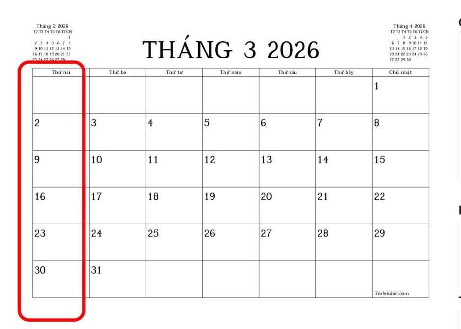 Tháng 3/2026 tưởng đã dài lắm rồi: Ai ngờ tháng 11/2026 cũng trải ra 6 tuần và có hẳn 5 ngày thứ Hai! Tháng 3/2026 tưởng đã dài lắm rồi: Ai ngờ tháng 11/2026 cũng trải ra 6 tuần và có hẳn 5 ngày thứ Hai!