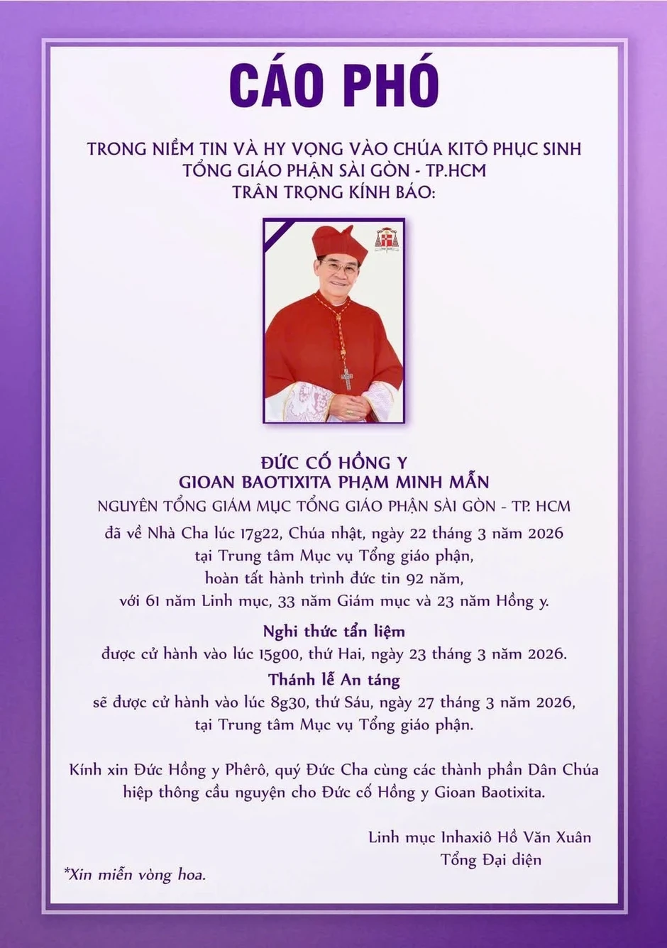 Thông tin tang lễ Đức Hồng y Gioan Baotixita Phạm Minh Mẫn Thông tin tang lễ Đức Hồng y Gioan Baotixita Phạm Minh Mẫn