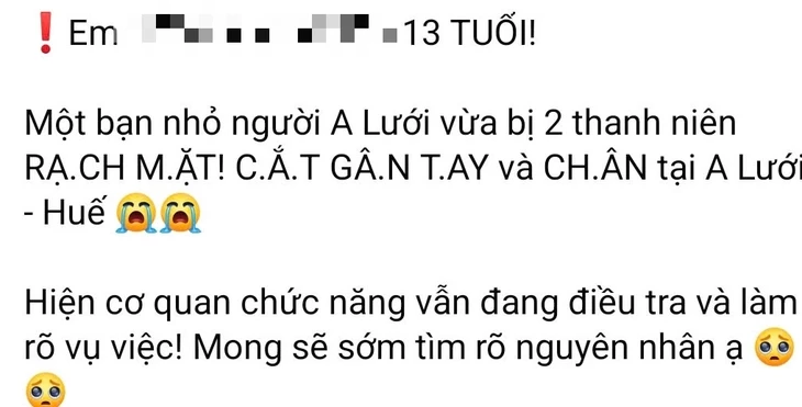 Thông tin thiếu niên 13 tuổi bị rạch mặt, cắt gân tay ở Huế là tin giả Thông tin thiếu niên 13 tuổi bị rạch mặt, cắt gân tay ở Huế là tin giả