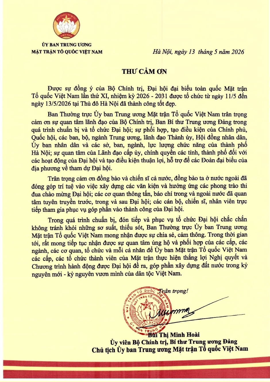 Thư cảm ơn của Ủy ban Trung ương Mặt trận Tổ quốc Việt Nam Thư cảm ơn của Ủy ban Trung ương Mặt trận Tổ quốc Việt Nam
