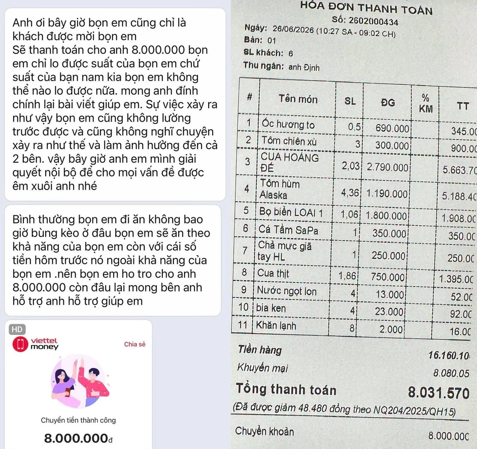 Thực hư vụ mời bạn gái ăn tôm hùm, cua hoàng đế hết hơn 16 triệu đồng rồi không thanh toán Thực hư vụ mời bạn gái ăn tôm hùm, cua hoàng đế hết hơn 16 triệu đồng rồi không thanh toán