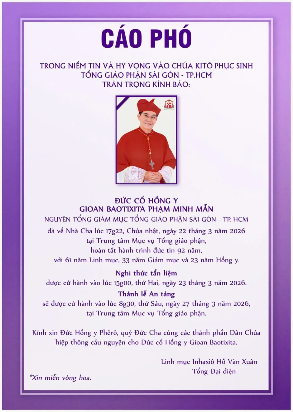 Tổng Giáo phận TPHCM thông tin cáo phó Đức Hồng y Gioan Baotixita Phạm Minh Mẫn Tổng Giáo phận TPHCM thông tin cáo phó Đức Hồng y Gioan Baotixita Phạm Minh Mẫn