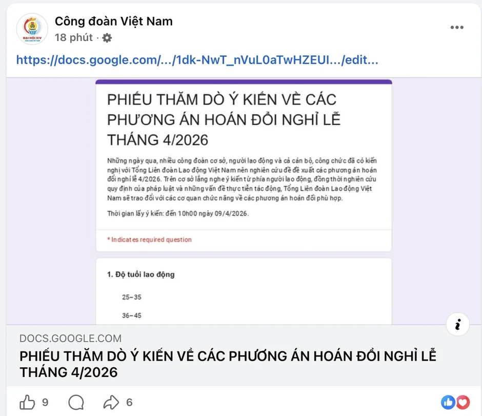 Tổng Liên đoàn đưa ra 3 phương án lấy ý kiến hoán đổi lịch nghỉ 30-4 và 1-5 Tổng Liên đoàn đưa ra 3 phương án lấy ý kiến hoán đổi lịch nghỉ 30-4 và 1-5