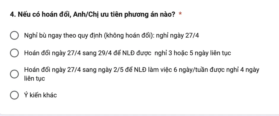 Tổng Liên đoàn đưa ra 3 phương án lấy ý kiến hoán đổi lịch nghỉ 30-4 và 1-5 Tổng Liên đoàn đưa ra 3 phương án lấy ý kiến hoán đổi lịch nghỉ 30-4 và 1-5