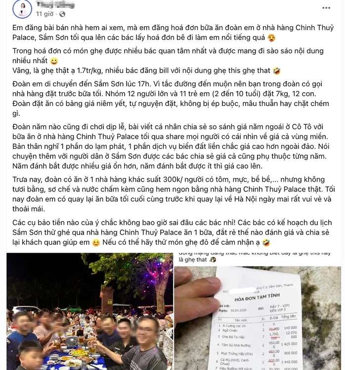 Vụ hóa đơn bữa ăn 18 triệu đồng ở Sầm Sơn: Người đăng bill bất ngờ vì bỗng nổi tiếng Vụ hóa đơn bữa ăn 18 triệu đồng ở Sầm Sơn: Người đăng bill bất ngờ vì bỗng nổi tiếng