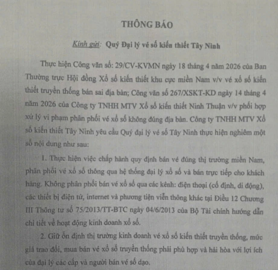 XSKT Tây Ninh nghiêm cấm đại lý bán vé số qua điện thoại, internet