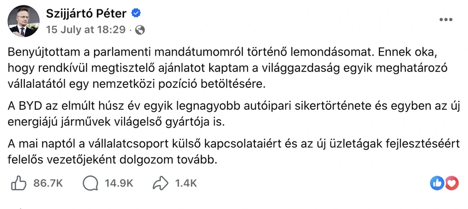 Cựu Bộ trưởng Ngoại giao Hungary bỏ ghế nghị sĩ để đầu quân cho BYD