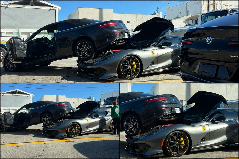Húc đuôi Mercedes, siêu xe Ferrari 812 vỡ nát cản trước, tung nắp capo Húc đuôi Mercedes, siêu xe Ferrari 812 vỡ nát cản trước, tung nắp capo