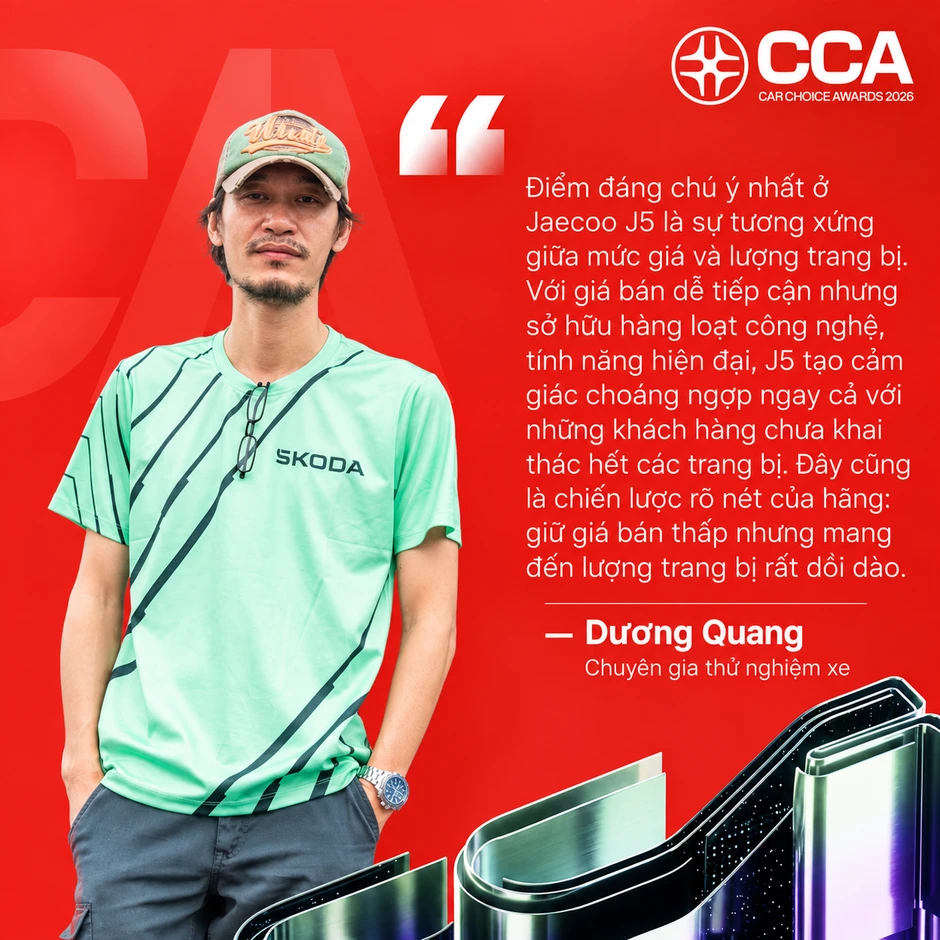 Thắng sát nút, Jaecoo J5 giành giải ‘Xe mới trang bị nổi bật của năm’ tại CCA 2026 Thắng sát nút, Jaecoo J5 giành giải ‘Xe mới trang bị nổi bật của năm’ tại CCA 2026